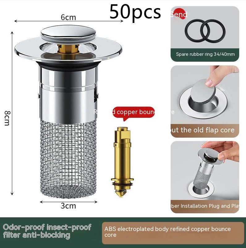 Long Pop-Up Sink Drain Filter™ – Press-Bounce Basin Stopper with Hair Catcher for Bathroom & Kitchen