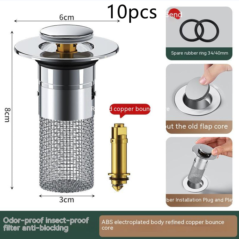 Long Pop-Up Sink Drain Filter™ – Press-Bounce Basin Stopper with Hair Catcher for Bathroom & Kitchen