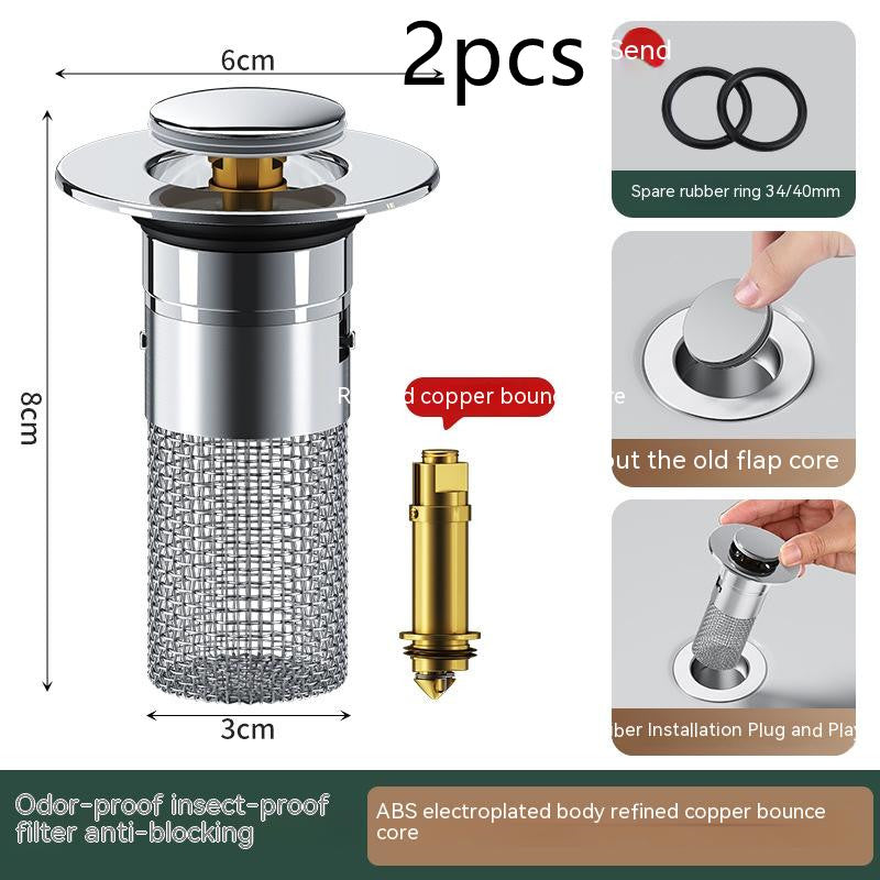 Long Pop-Up Sink Drain Filter™ – Press-Bounce Basin Stopper with Hair Catcher for Bathroom & Kitchen