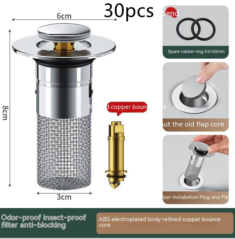 Long Pop-Up Sink Drain Filter™ – Press-Bounce Basin Stopper with Hair Catcher for Bathroom & Kitchen