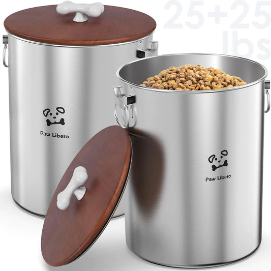 2-Pack Stainless Steel Airtight Dog Food Storage Containers 🐶🥣 Holds 50 lbs Total | Fresh-Seal Wooden Lid | Premium Metal Pet Food Canisters